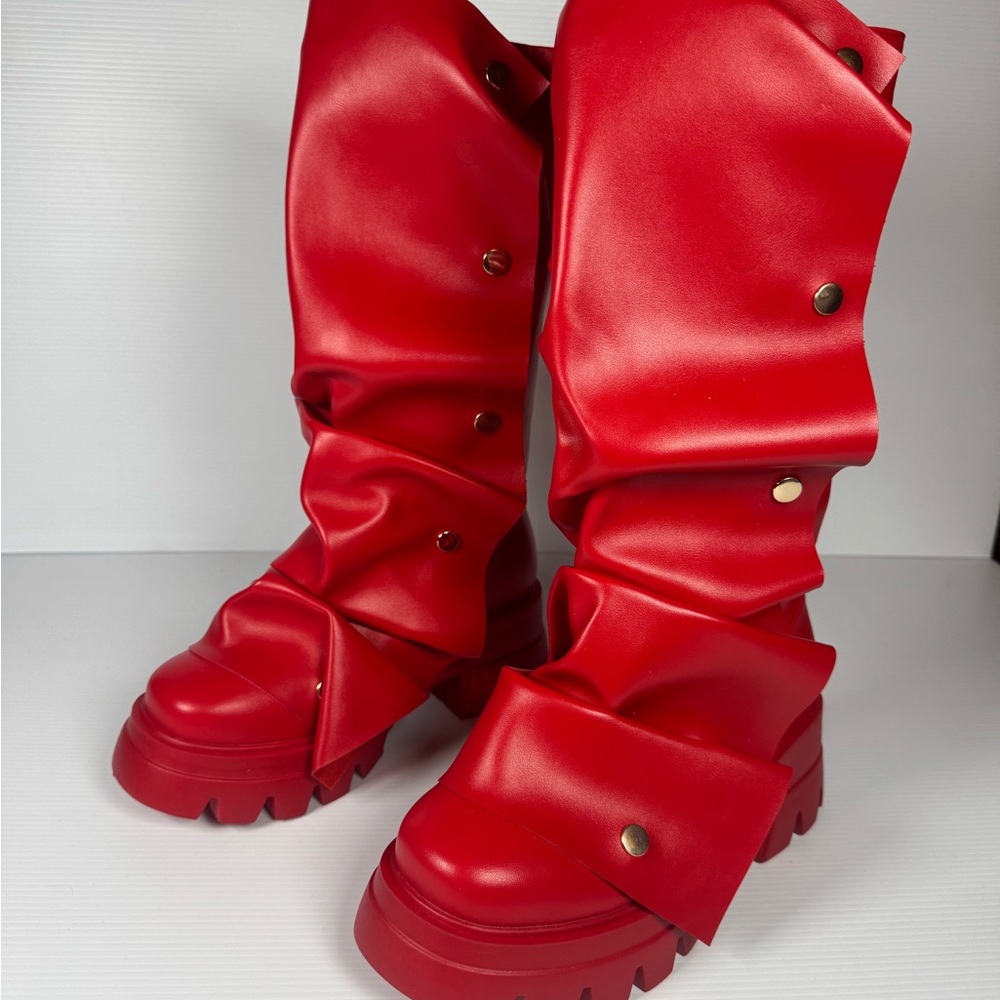 Women's Red Slouch Platform Knee Boots